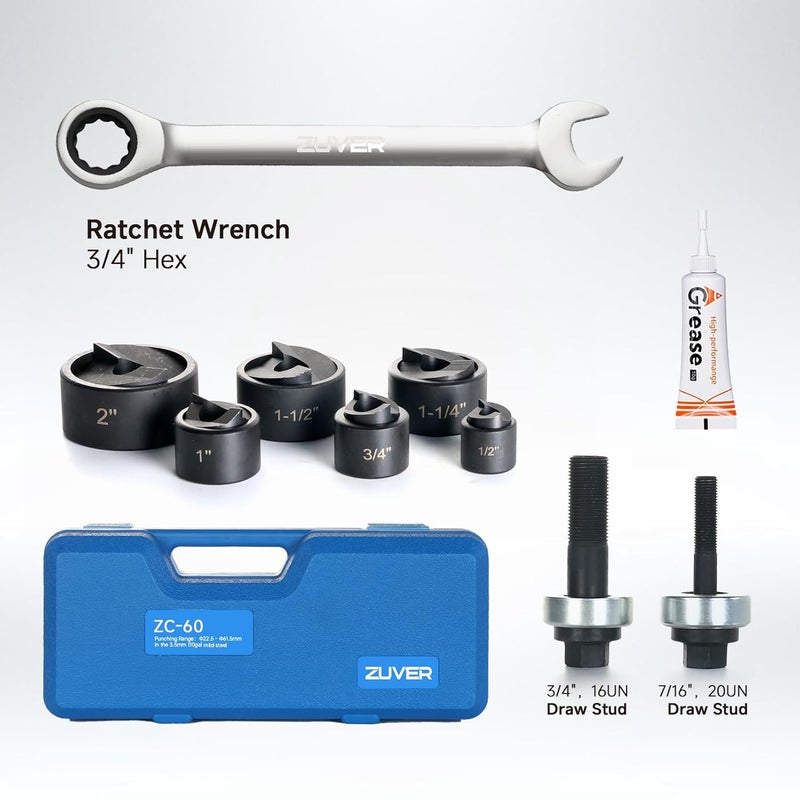 ZUVER Manual Ratchet Knockout Hole Punch Driver Kits with 6 Dies 1/2”, 3/4”, 1”, 1-1/4”, 1-1/2”, 2” Mental Punch Tools KO Tool Set Electrical Conduit Hole Cutter Kit - Image 2